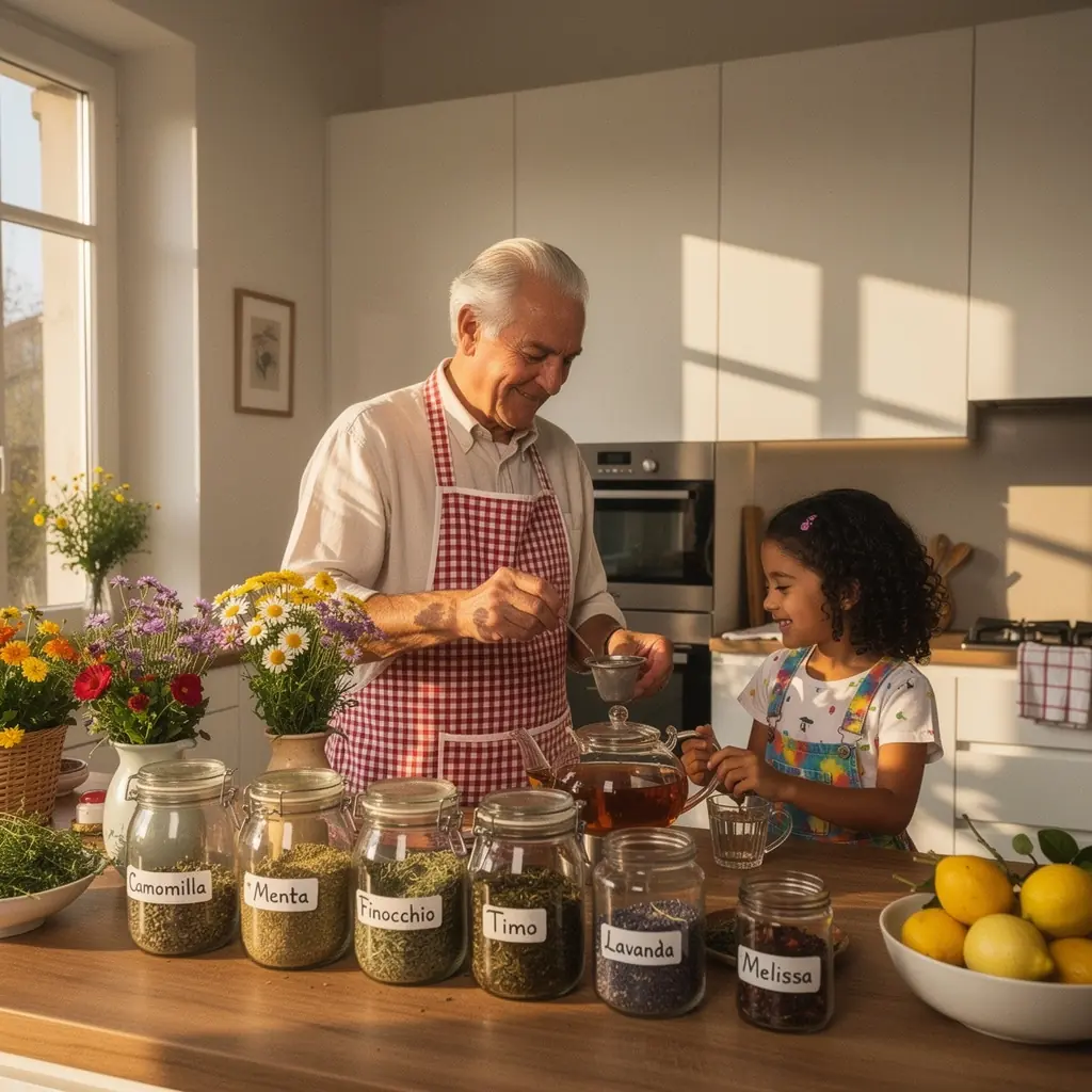 Un gruppo di foglie di tè essiccate disposte su un tavolo di legno.