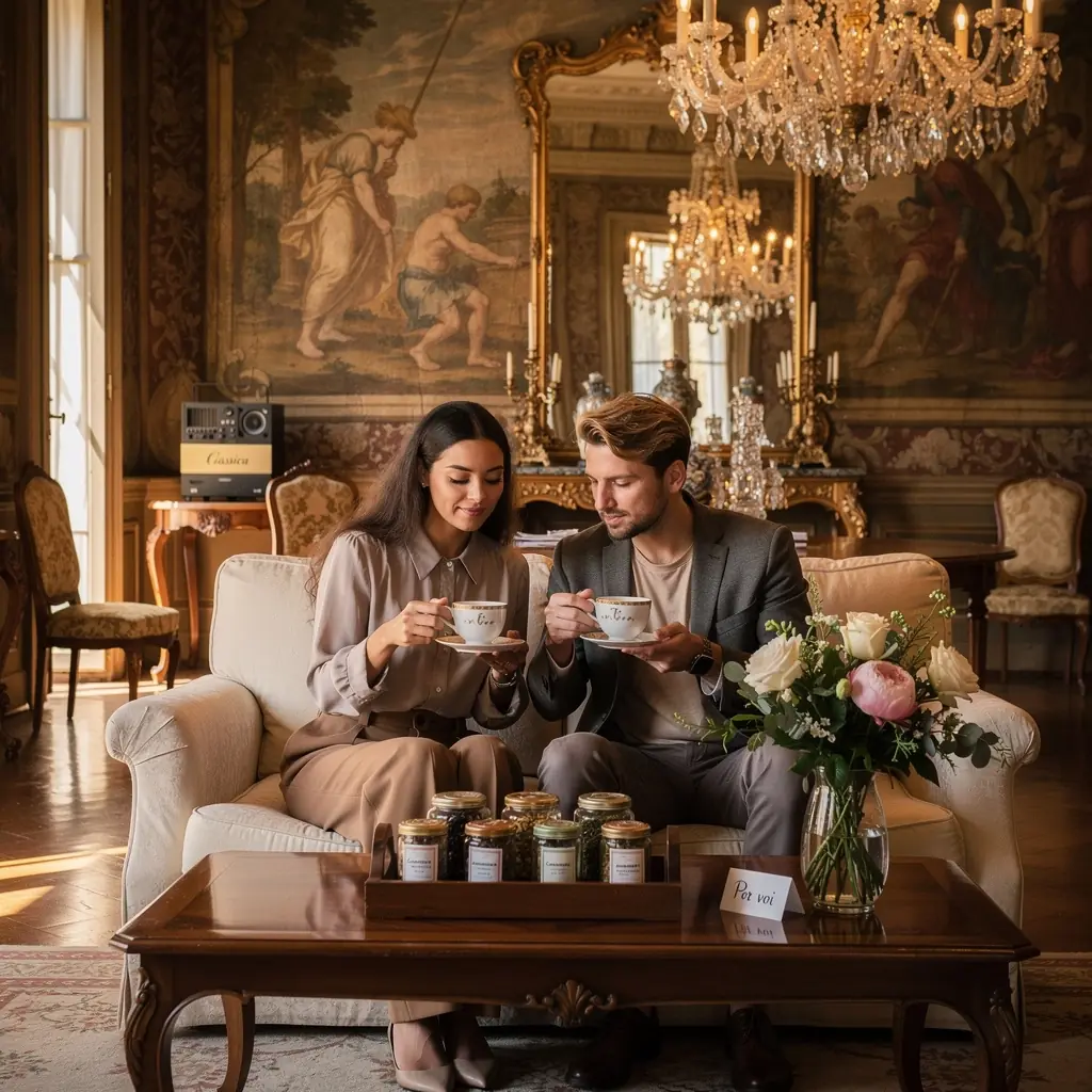 Una tazza di tè caldo con vapore che si alza, circondata da erbe fresche.