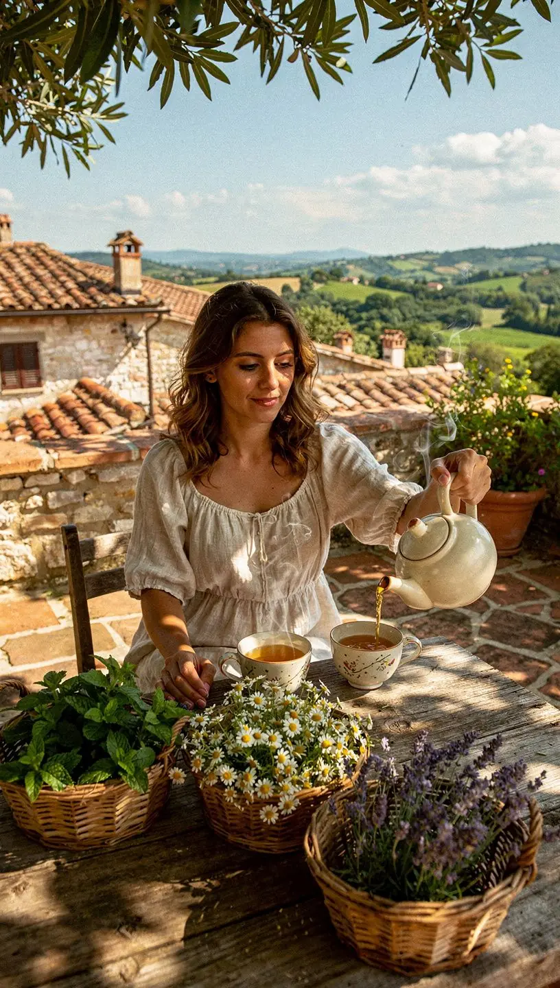 Un infuso di tè alle erbe con foglie galleggianti e fiori colorati.